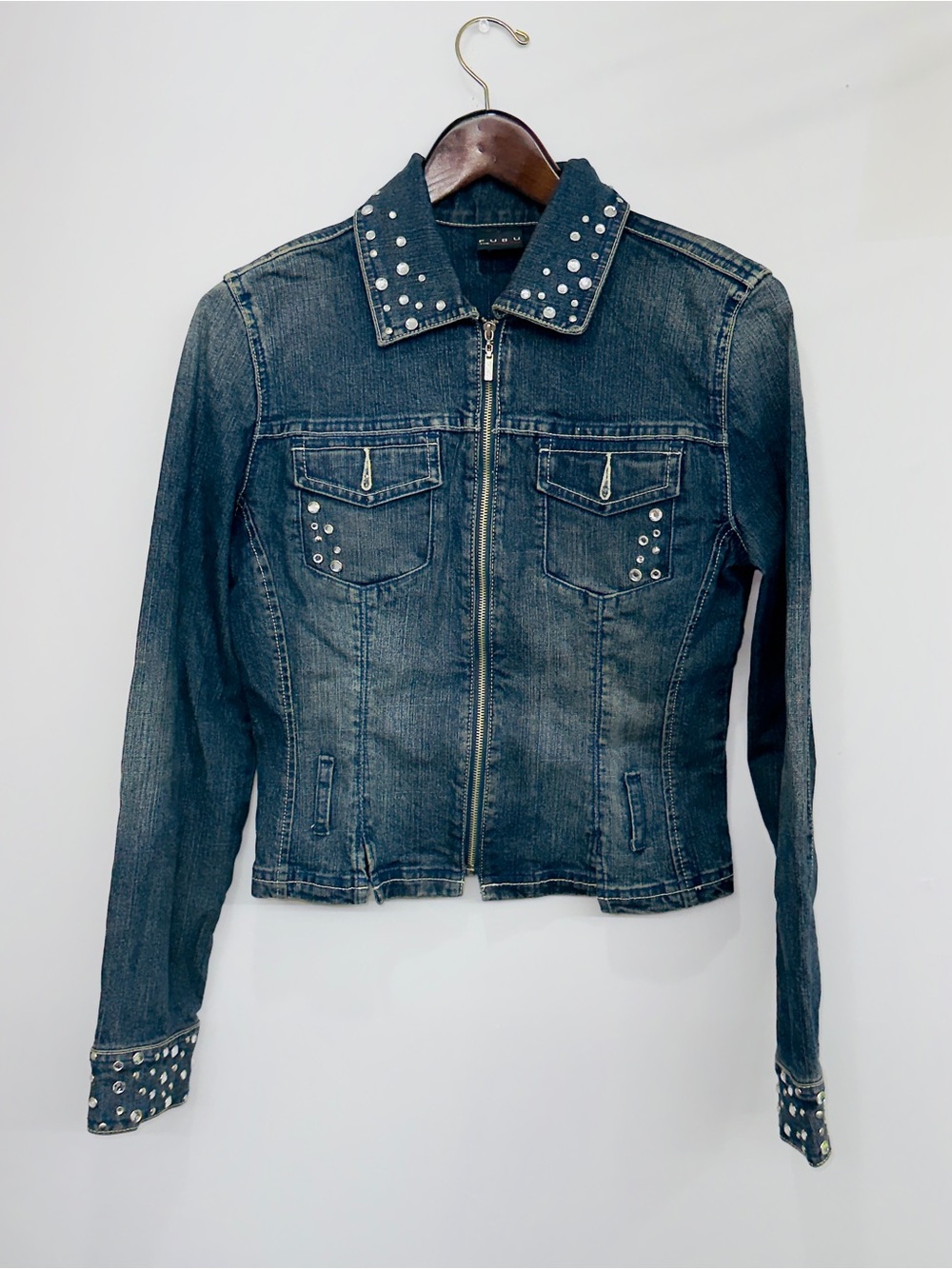 Vintage FUBU Women's Denim Jacket S Blue The Collection  Embroidered Rhinestone